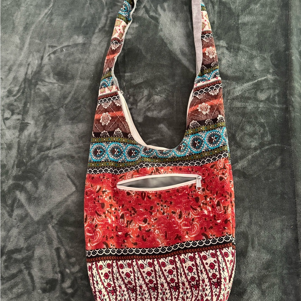 Bohemian Red and Brown Shoulder Bag with Patchwork Design